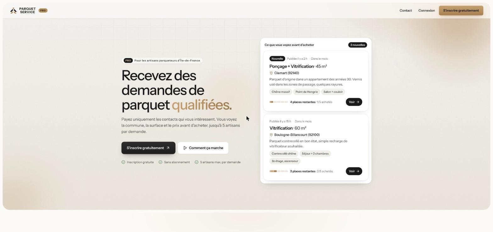 Parquet Service Pro landing page for flooring companies