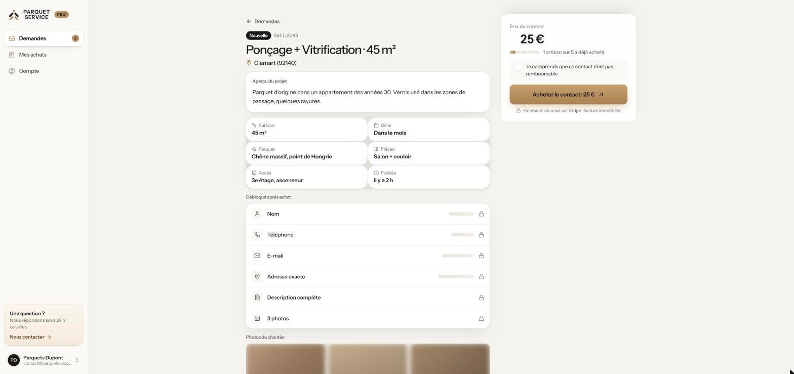 Parquet Service request detail before purchase