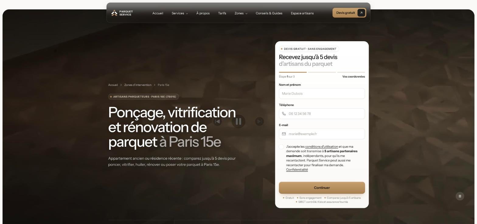 Parquet Service local landing page with embedded request form
